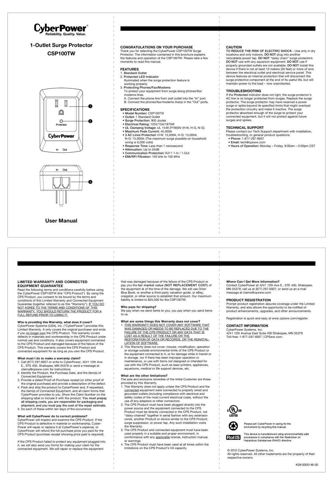 CyberPower CSP100TW specifications Congratulations on Your Purchase, Features, Specifications, Troubleshooting 