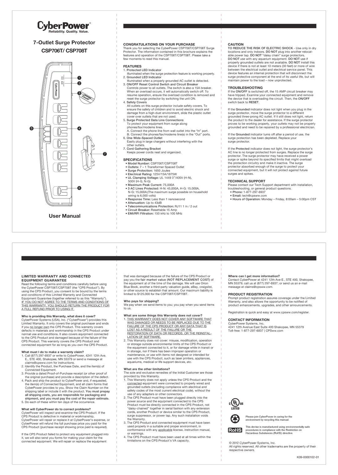 CyberPower CSP706T specifications Congratulations on Your Purchase, Features, Specifications, Troubleshooting 