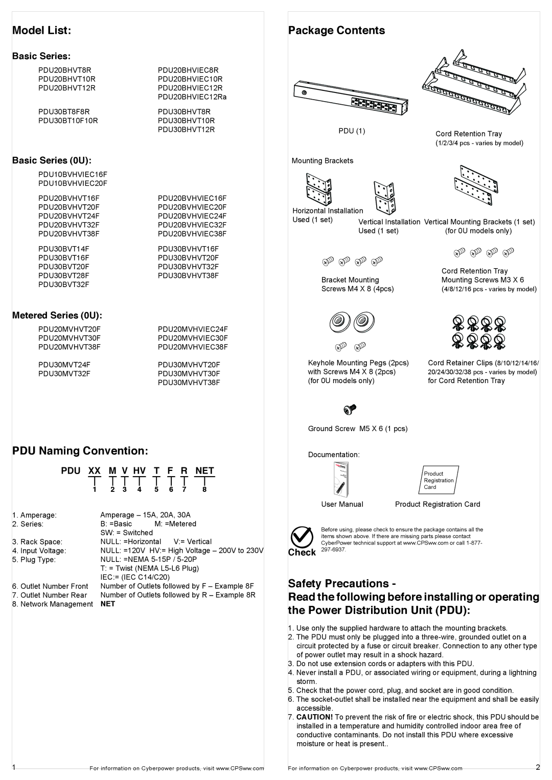 CyberPower K01-0000083-00 user manual Model List, Package Contents, PDU Naming Convention 