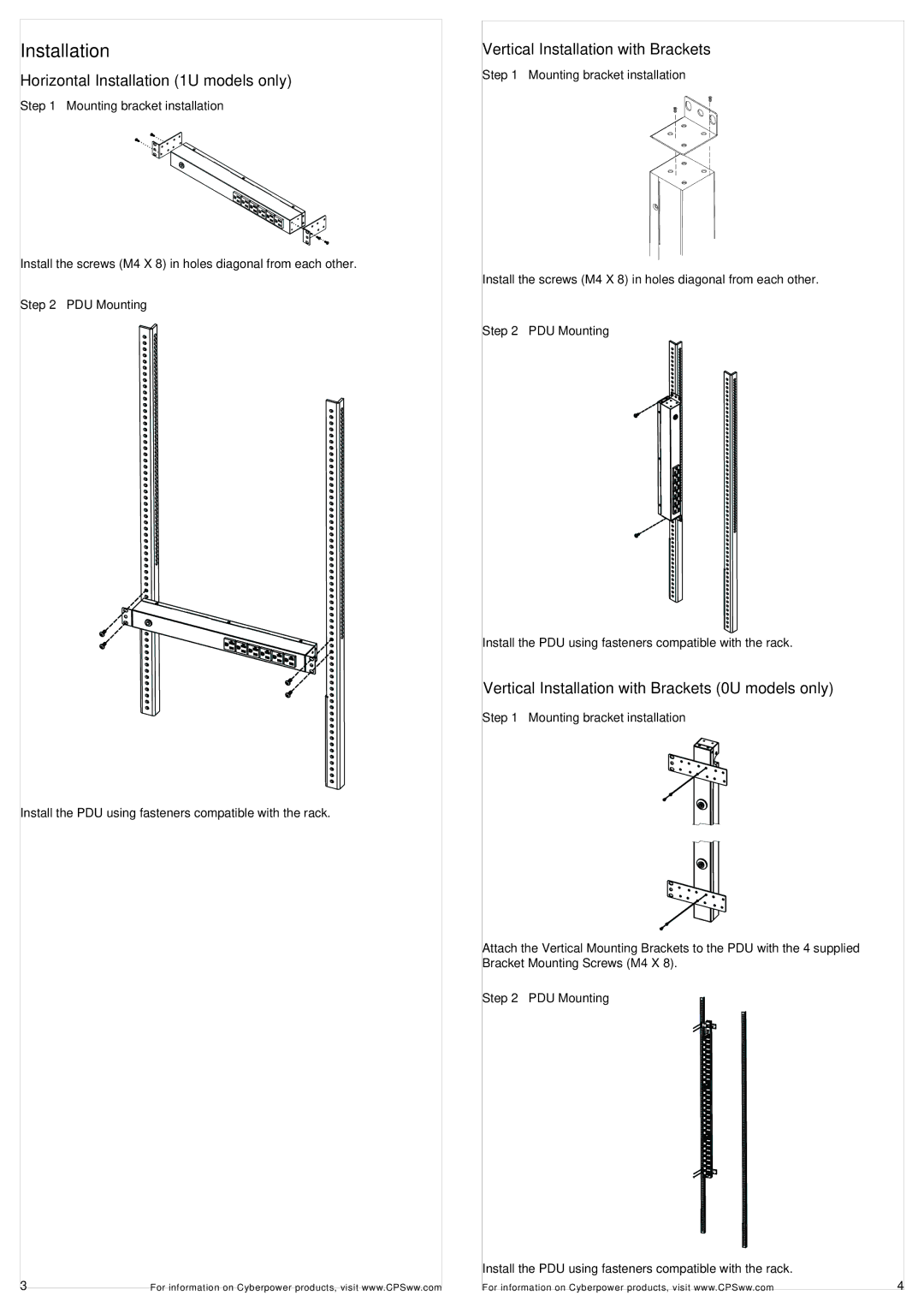 CyberPower K01-0000083-00 user manual Horizontal Installation 1U models only, Vertical Installation with Brackets 