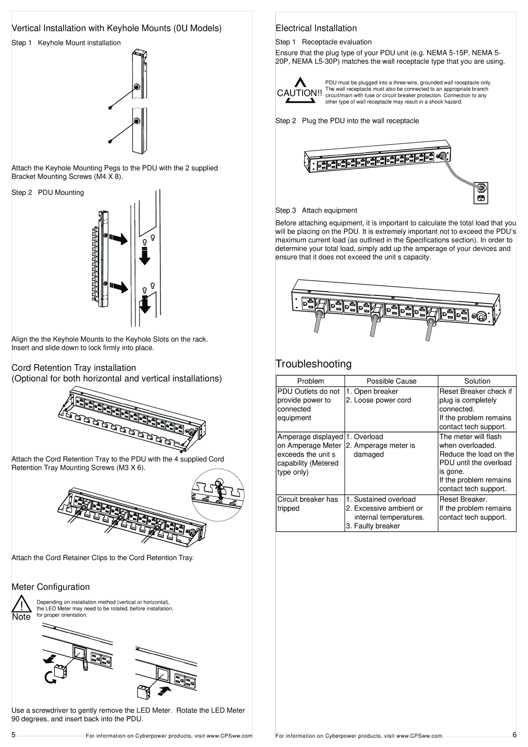 CyberPower K01-0000083-00 Troubleshooting, Vertical Installation with Keyhole Mounts 0U Models, Meter Configuration 