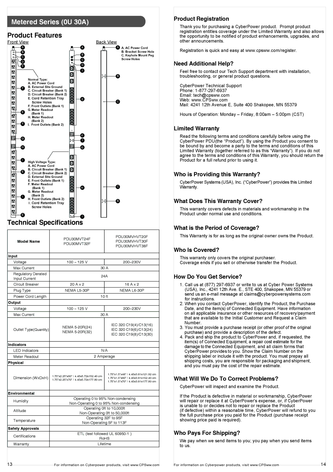 CyberPower K01-0000083-00 user manual Metered Series 0U 30A 