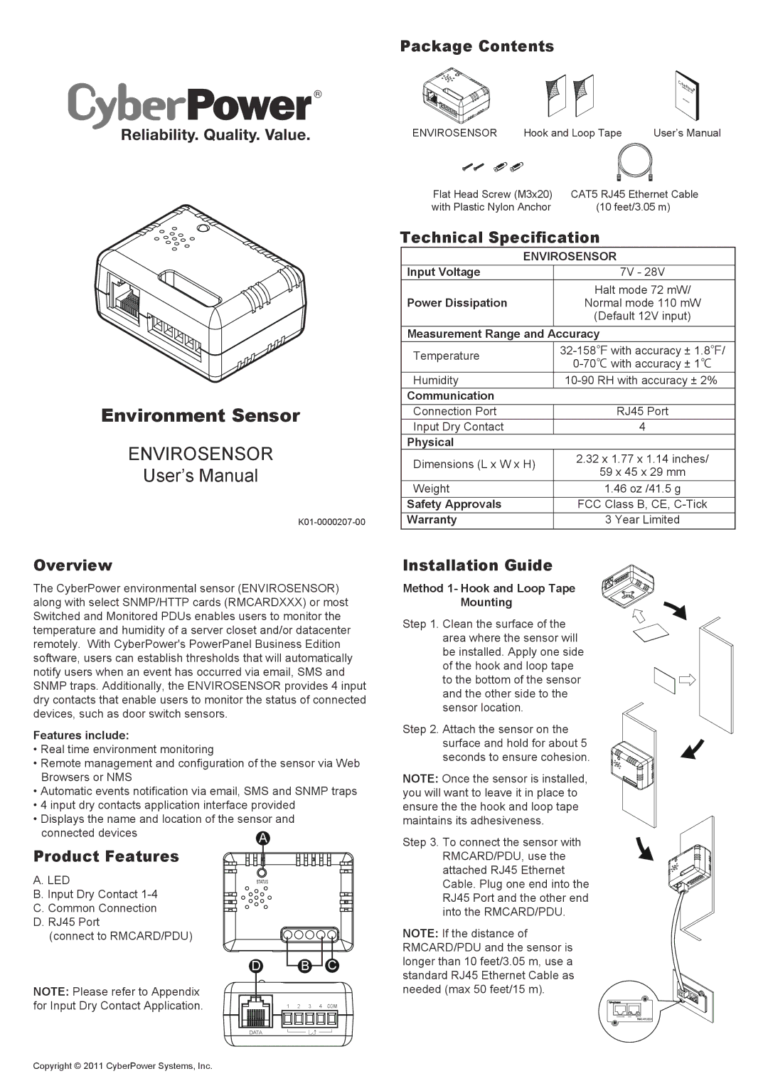 CyberPower K01-0000207-00 user manual Overview, Product Features, Package Contents, Technical Specification 