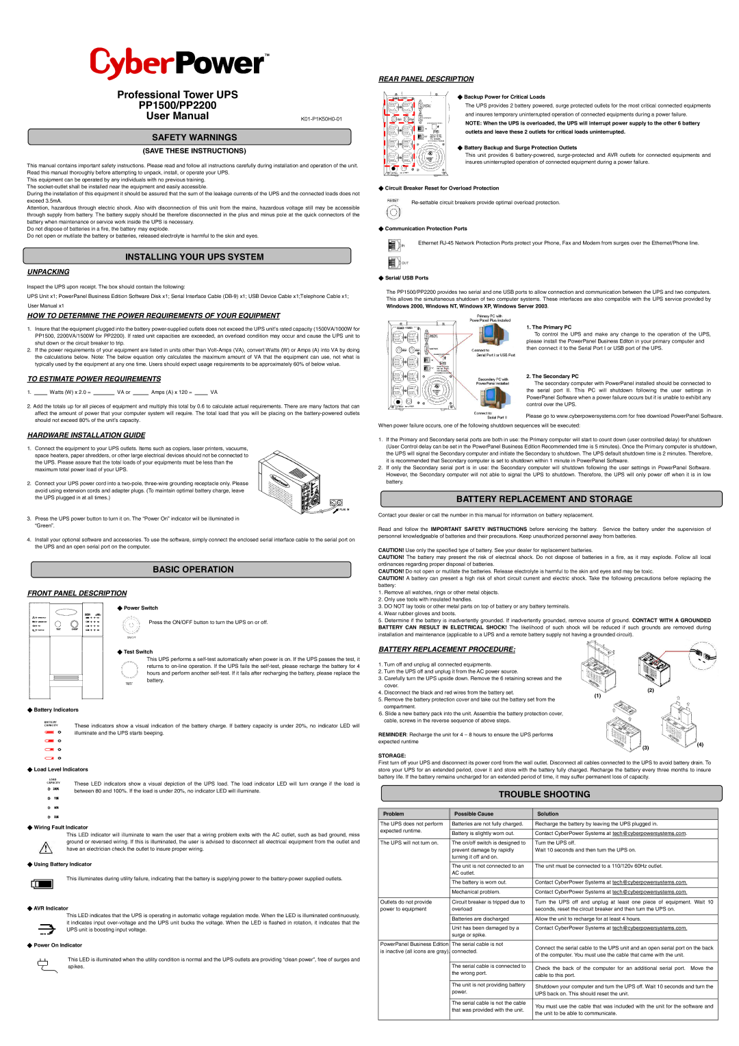 CyberPower PP2200 manual Safety Warnings, Installing Your UPS System, Basic Operation, Battery Replacement and Storage 