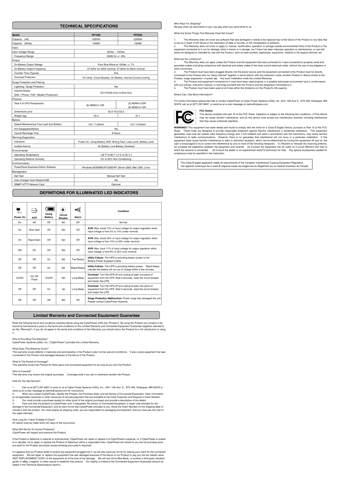 CyberPower PP1500, PP2200 manual Technical Specifications, Definitions for Illuminated LED Indicators 