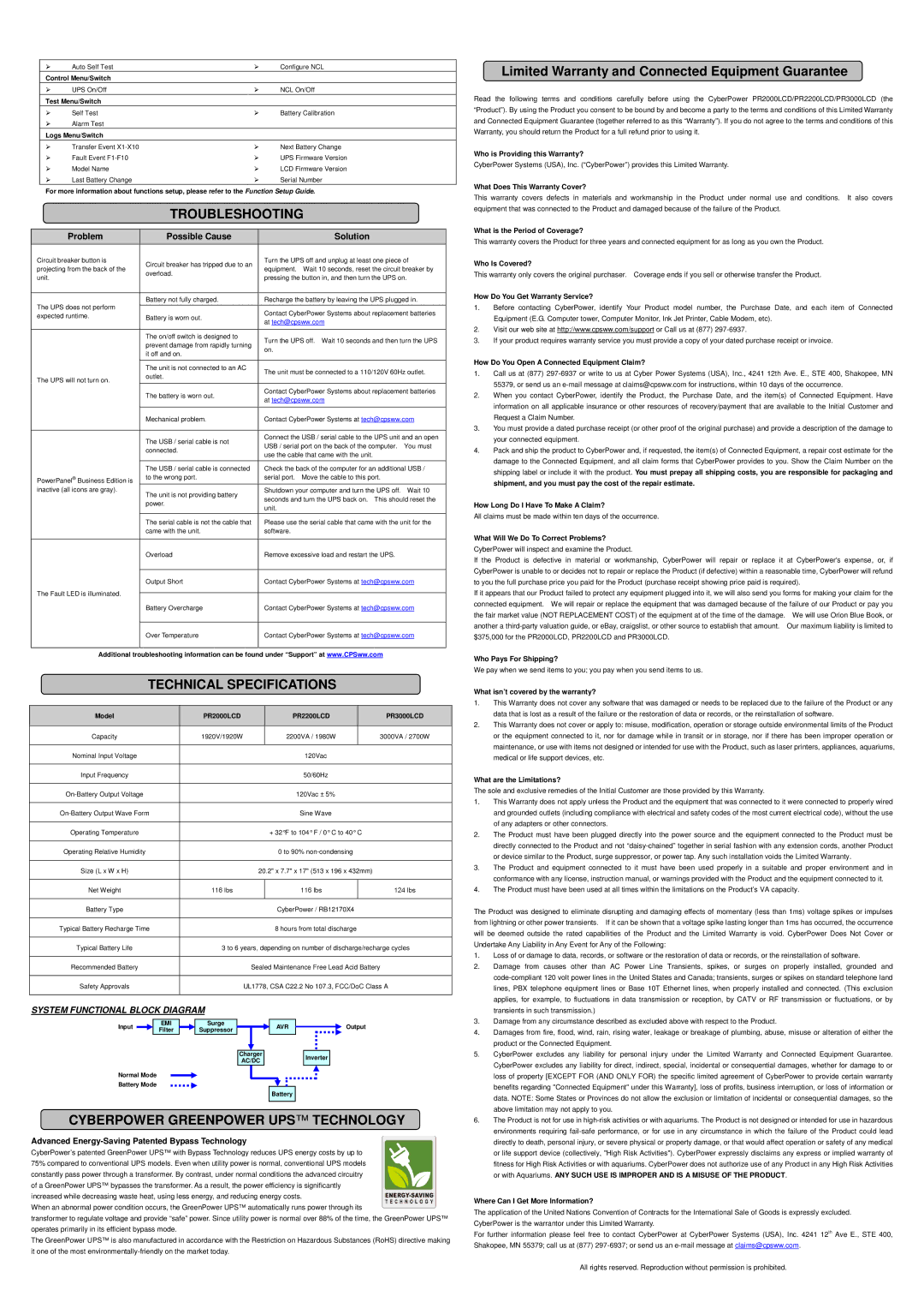 CyberPower PR2000LCD user manual Troubleshooting, Technical Specifications, Cyberpower Greenpower UPS Technology 