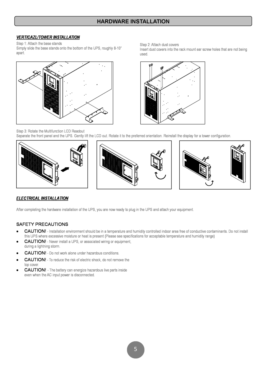 CyberPower PR6000LCDRTXL5U, PR50000LCDRTXL5U Verticazl/Tower Installation, Electrical Installation, Safety Precautions 