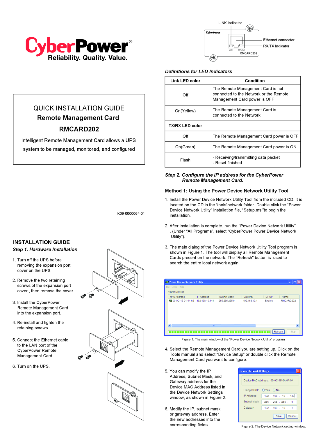 CyberPower RMCARD202 manual Installation Guide, Method 1 Using the Power Device Network Utility Tool, Link LED color 