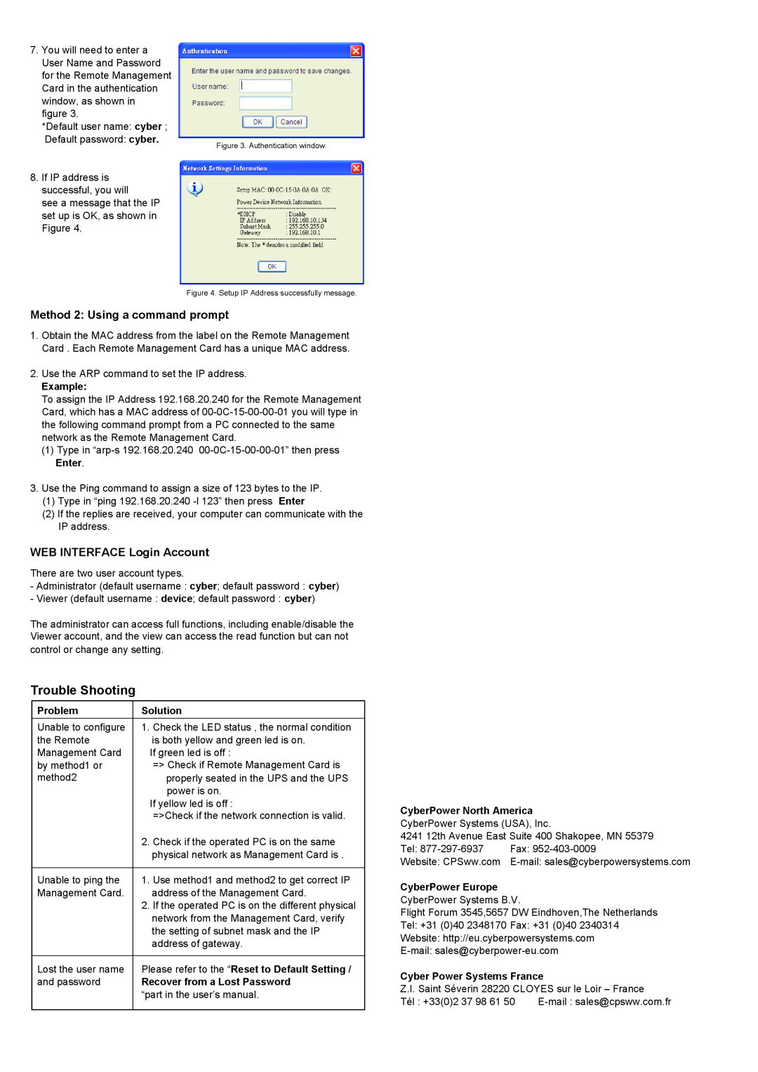 CyberPower RMCARD202 Trouble Shooting, Method 2 Using a command prompt, WEB INTERFACE Login Account, Example, Problem 