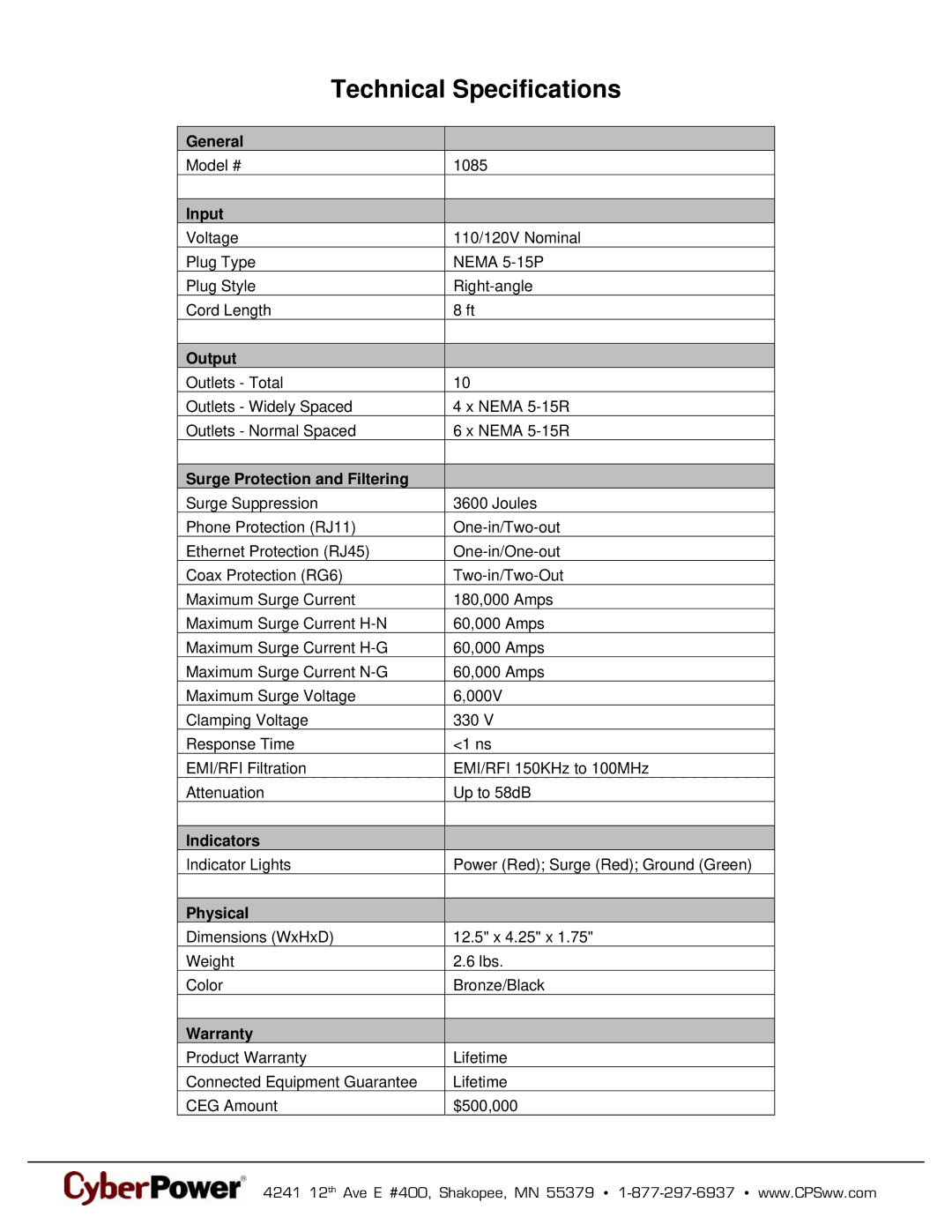 CyberPower Systems 649532010851 warranty Technical Specifications 