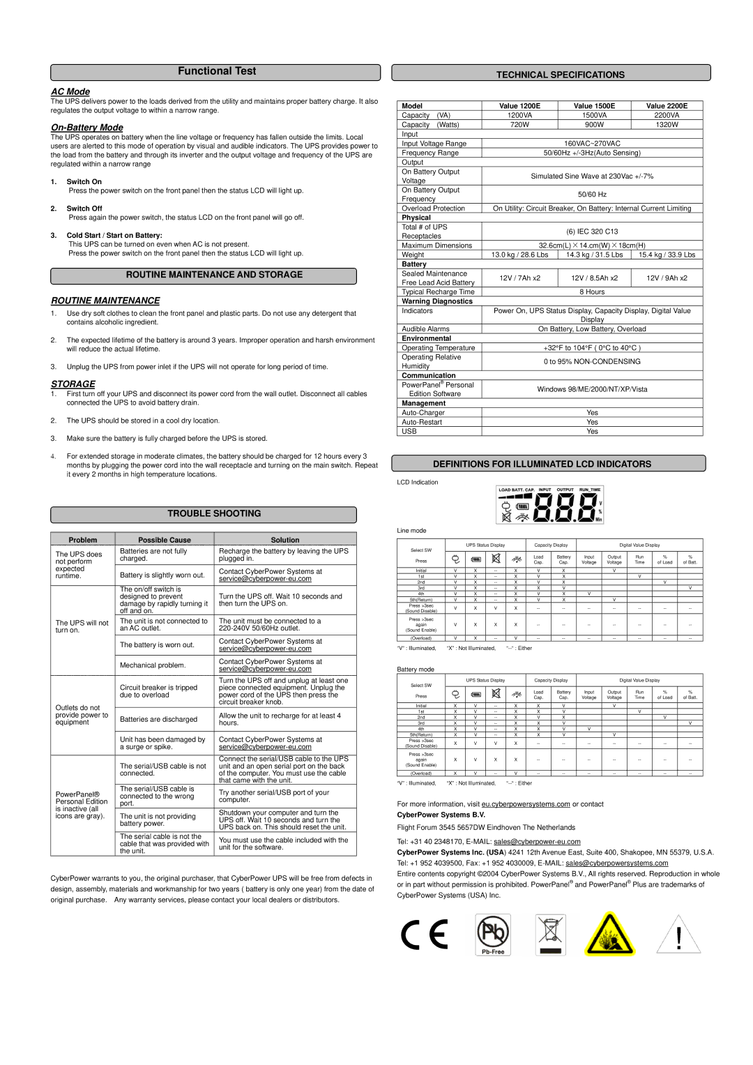 CyberPower Systems 2200E, 1200E, 1500E user manual Routine Maintenance, Storage 