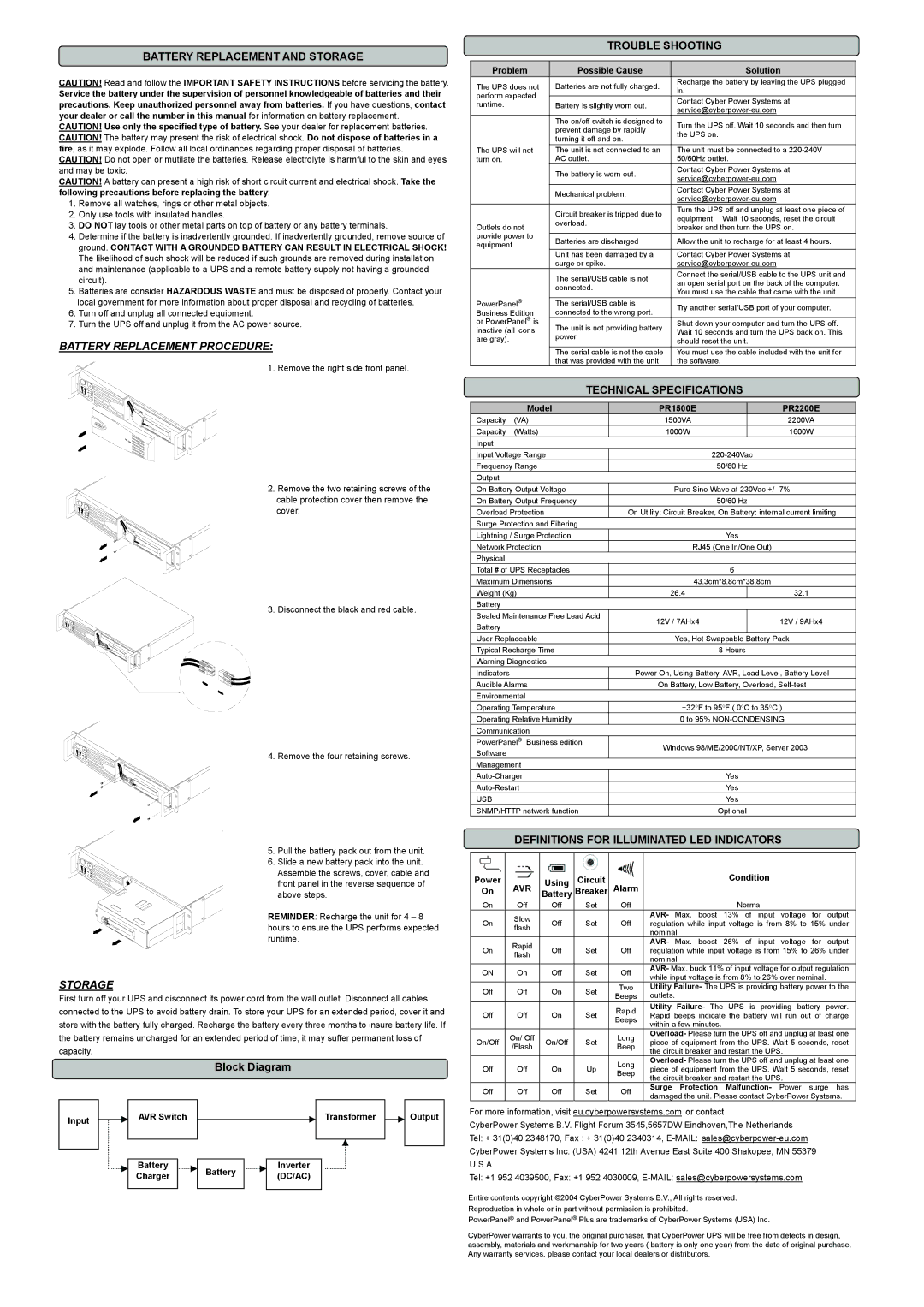 CyberPower Systems 2200VA user manual Battery Replacement Procedure, Storage 