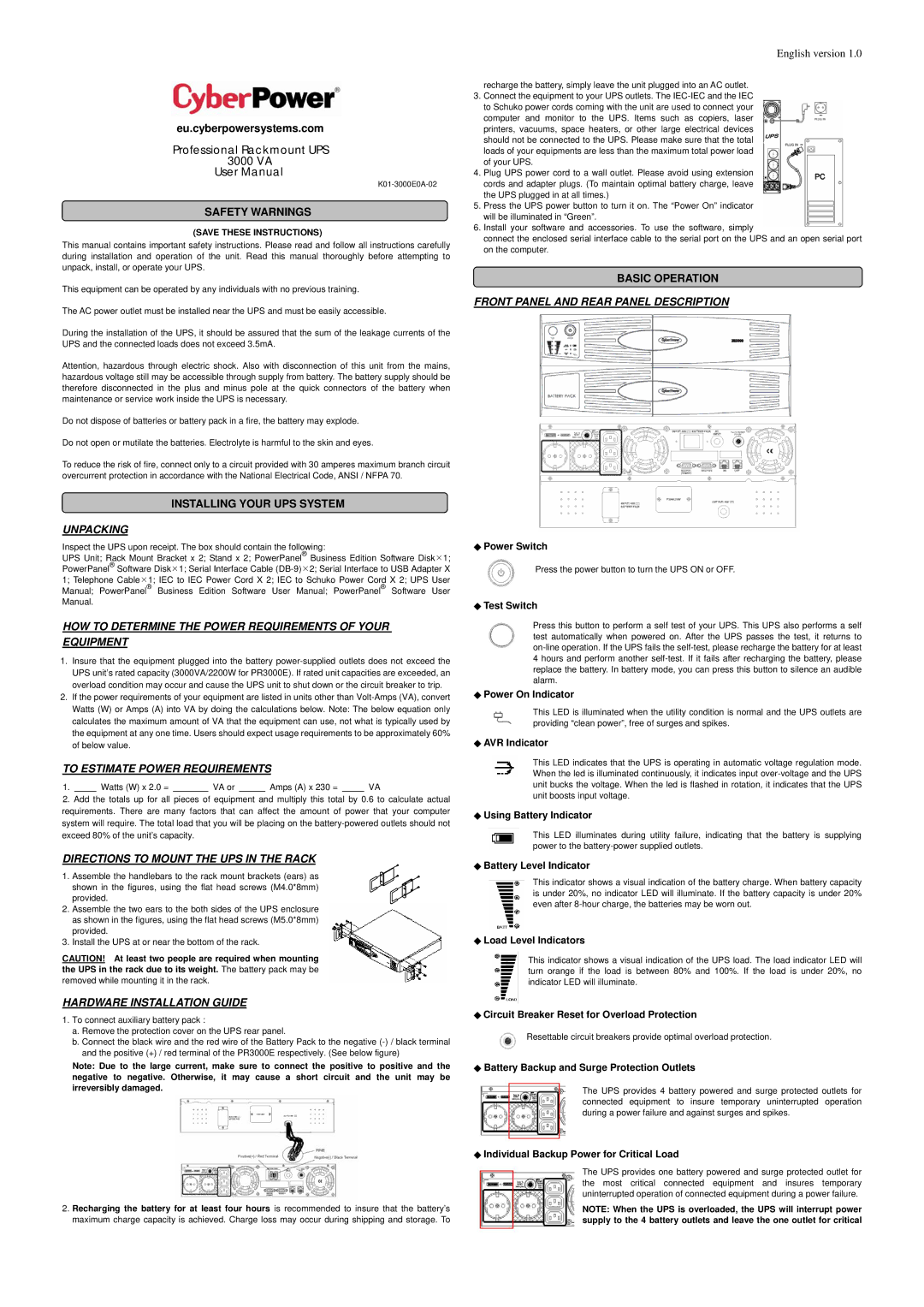 CyberPower Systems 3000 VA user manual Unpacking, HOW to Determine the Power Requirements of Your Equipment 