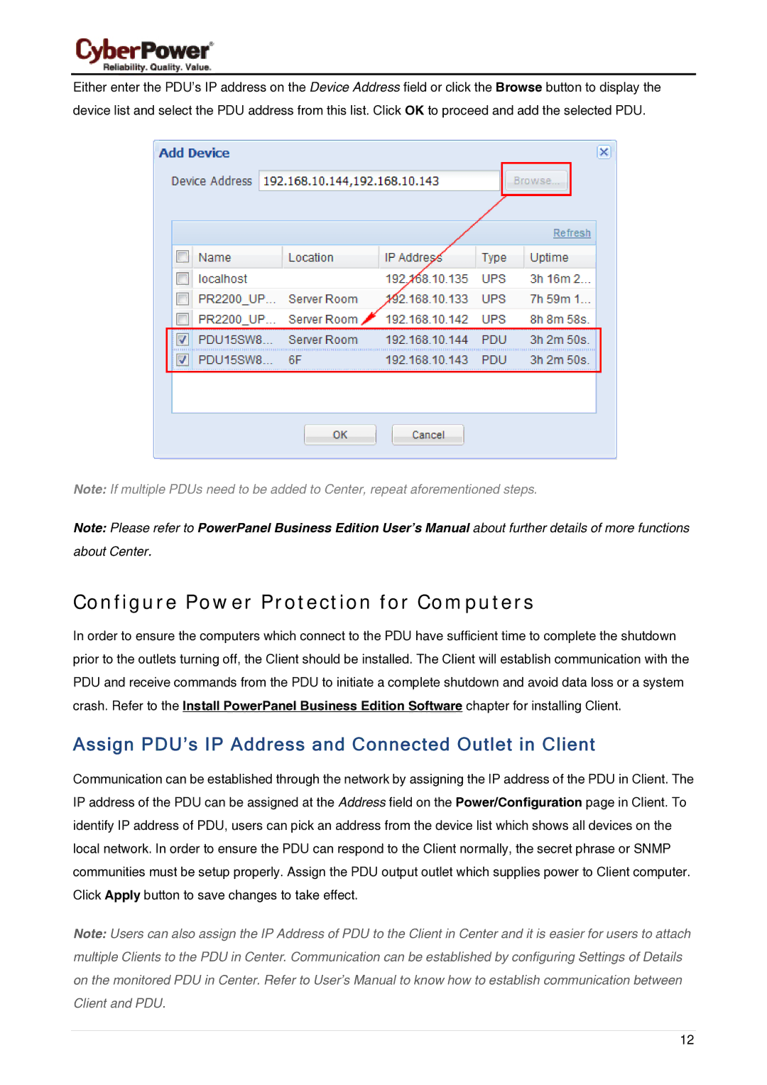 CyberPower Systems 6 Configure Power Protection for Computers, Assign PDU’s IP Address and Connected Outlet in Client 