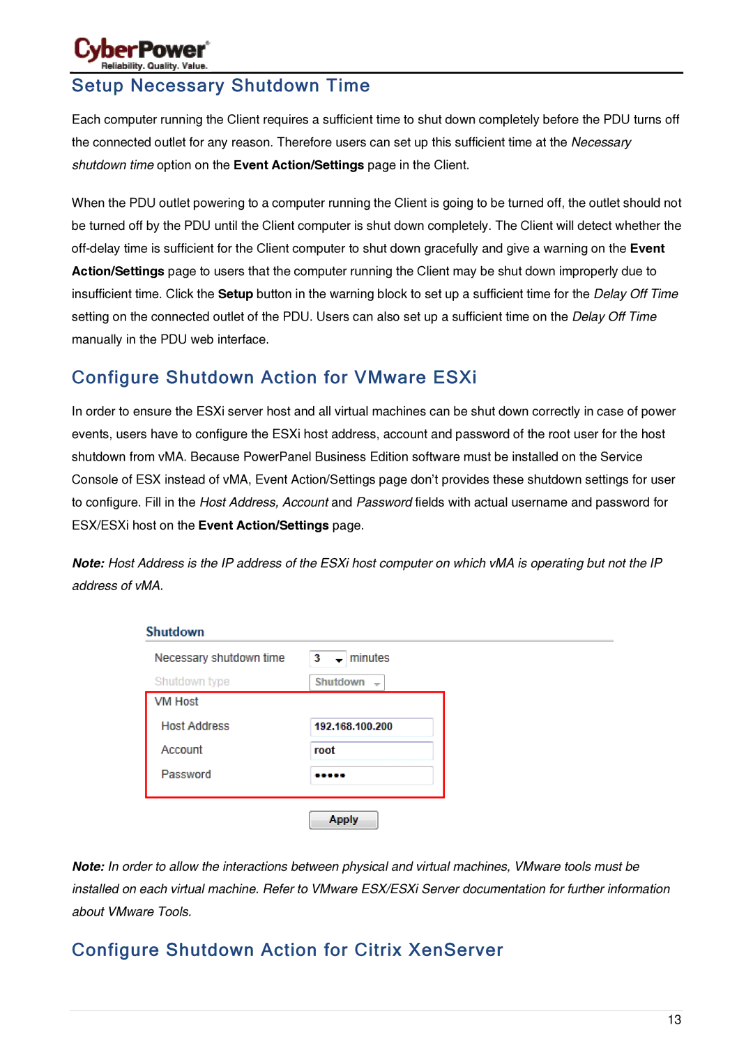 CyberPower Systems 6 manual Setup Necessary Shutdown Time, Configure Shutdown Action for VMware ESXi 