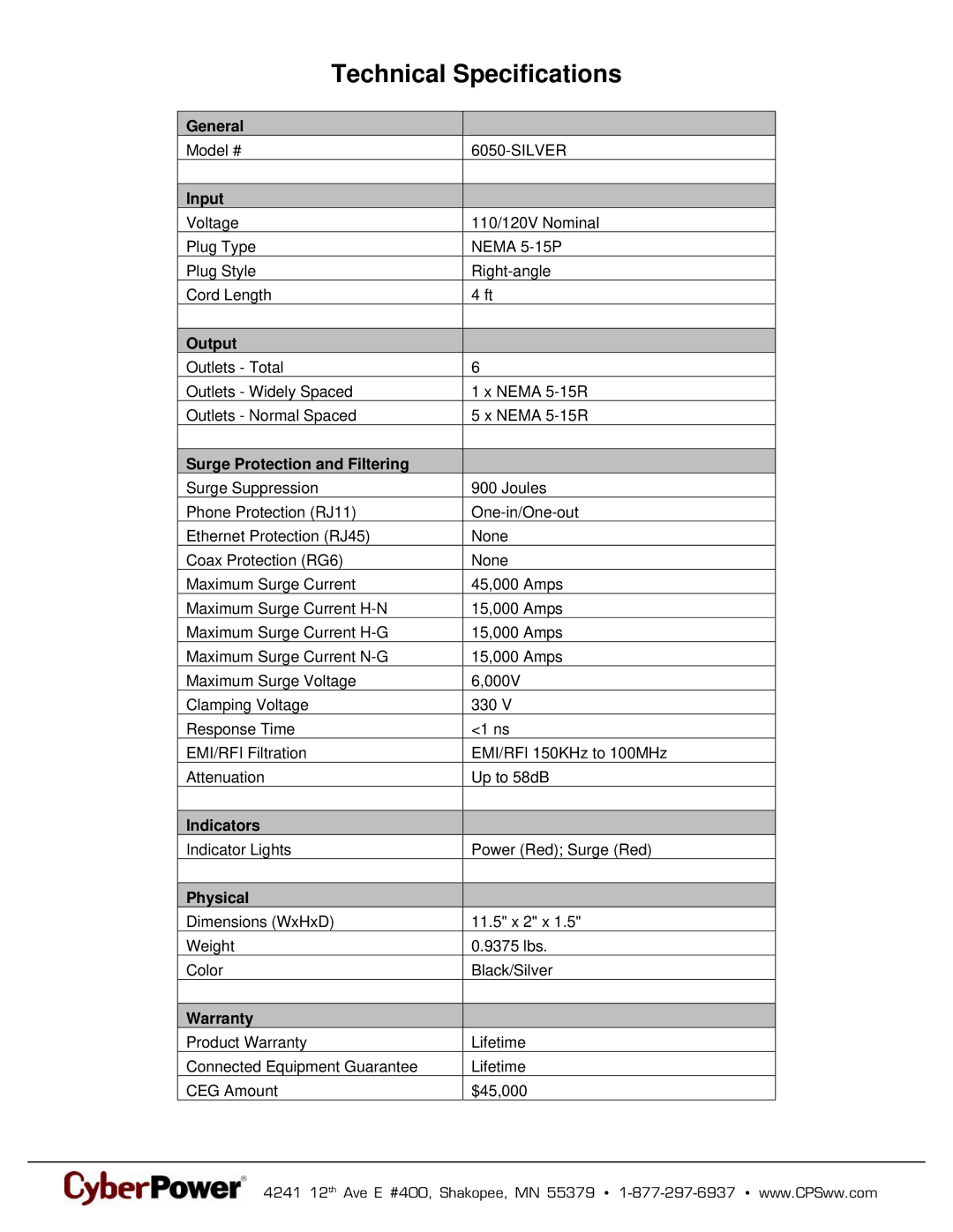 CyberPower Systems 6050-Silver, 649532760503 warranty Technical Specifications 