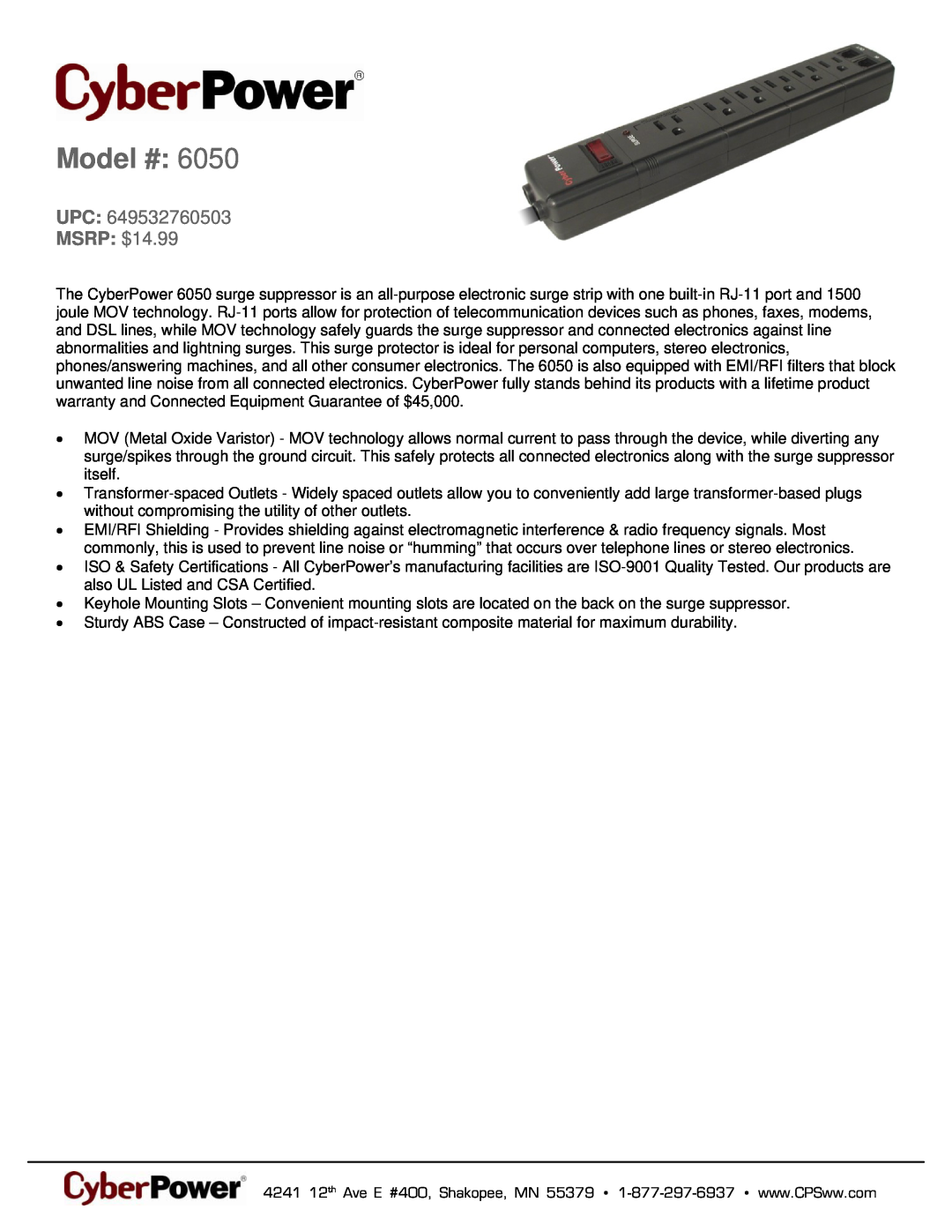 CyberPower Systems 6050 warranty Model #, MSRP $14.99 
