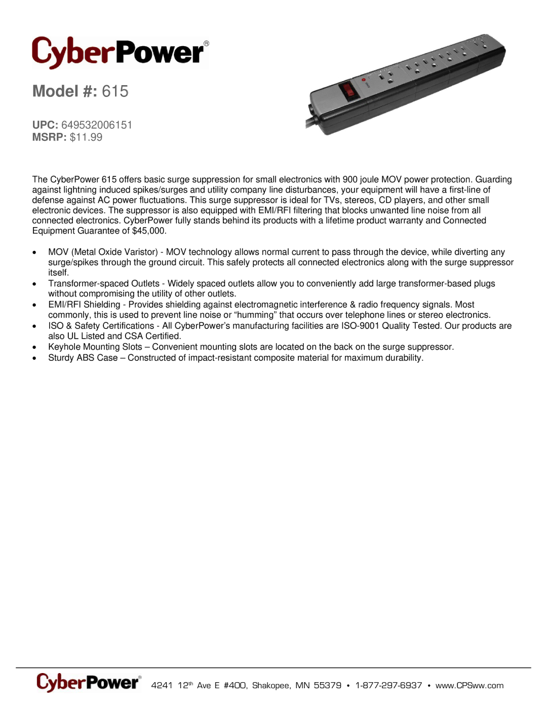 CyberPower Systems 649532006151 warranty Model #, Msrp $11.99 