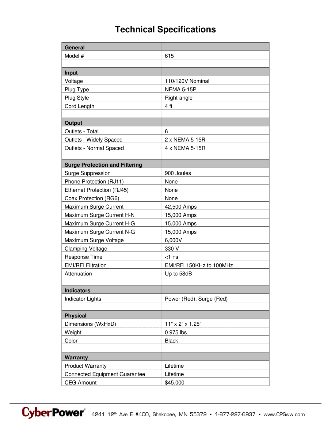 CyberPower Systems 649532006151 warranty Technical Specifications 