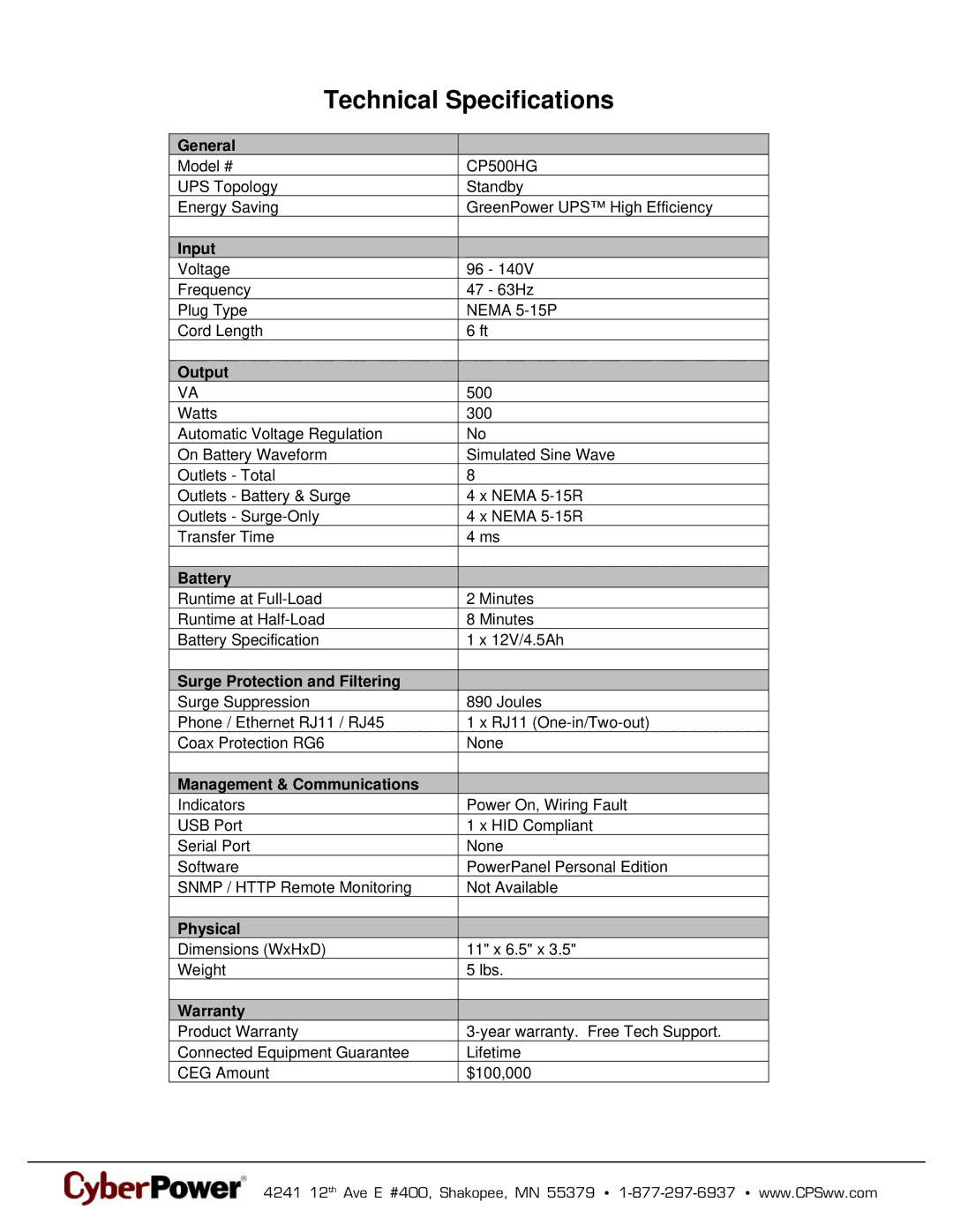 CyberPower Systems 649532005024 warranty Technical Specifications 