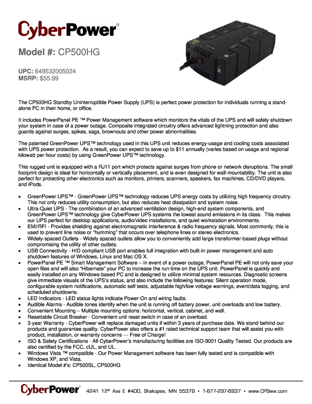 CyberPower Systems 649532005024 warranty Model # CP500HG, MSRP $55.99 