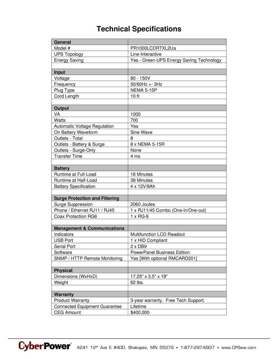 CyberPower Systems 649532010066, PR1000LCDRTXL2Ua warranty Technical Specifications 