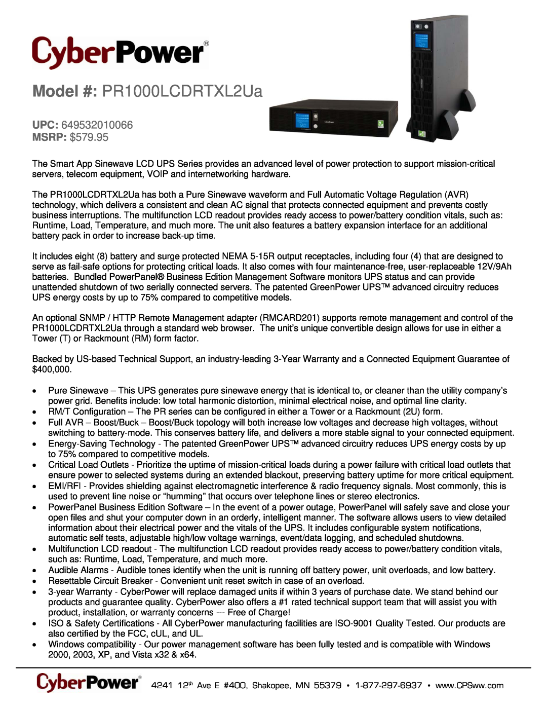 CyberPower Systems 649532010066 warranty Model # PR1000LCDRTXL2Ua, UPC MSRP $579.95 