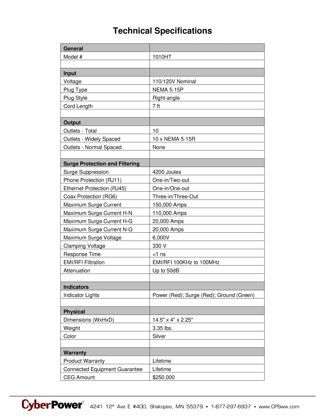 CyberPower Systems 649532010103, 1010HT warranty Technical Specifications 