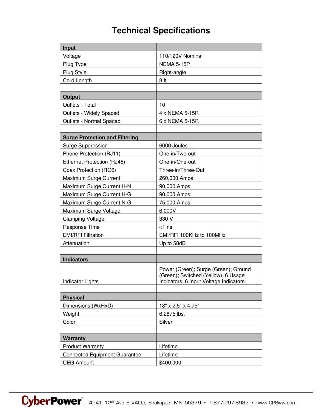 CyberPower Systems 649532010301 warranty Technical Specifications 