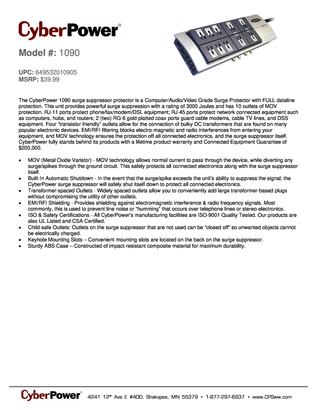 CyberPower Systems 649532010905 warranty Model #, MSRP $39.99 