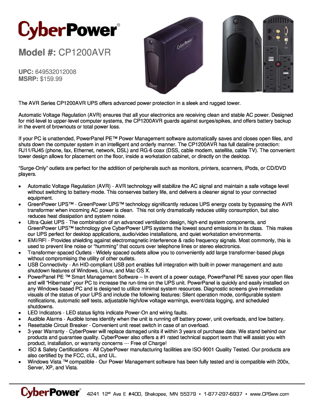 CyberPower Systems 649532012008 warranty Model # CP1200AVR, UPC MSRP $159.99 