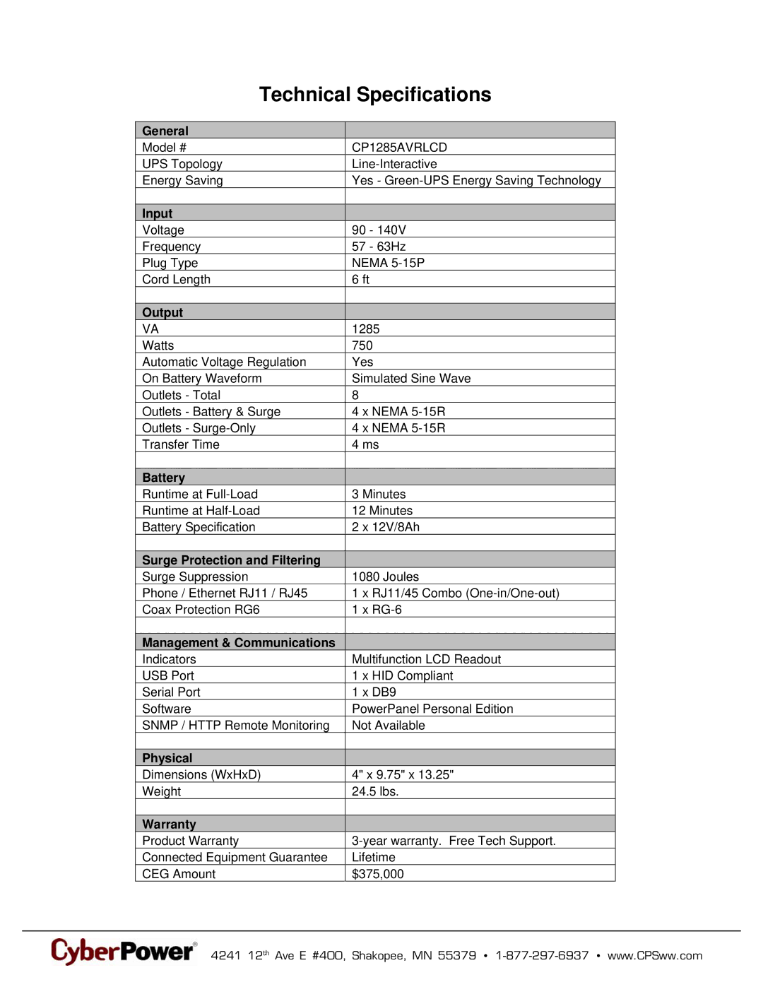 CyberPower Systems 649532012855, CP1285AVRLCD warranty Technical Specifications 