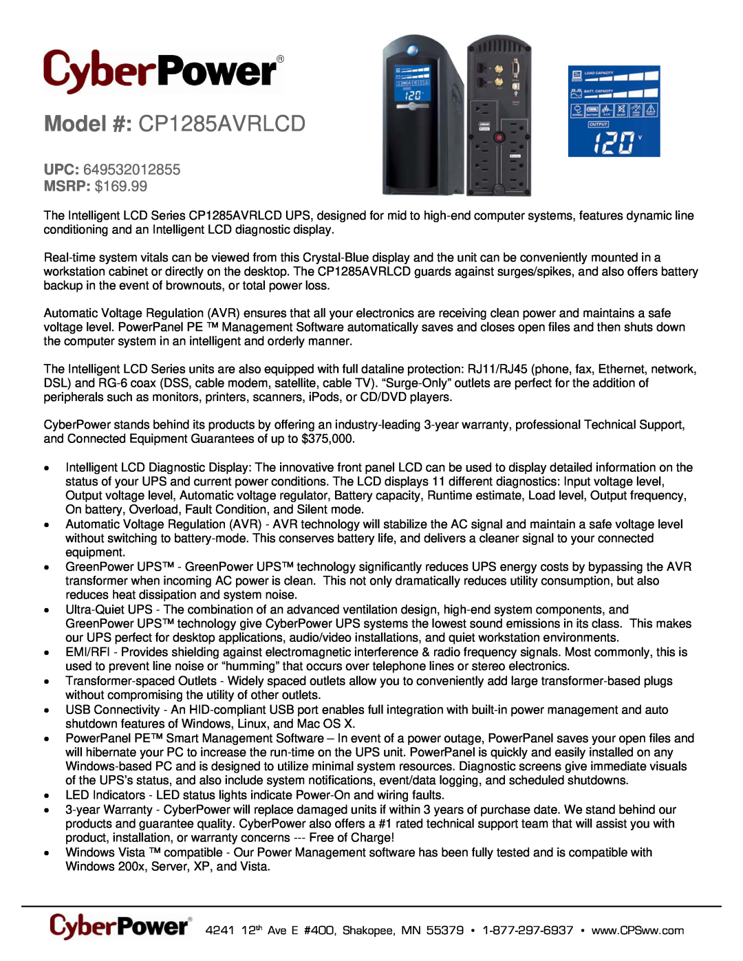 CyberPower Systems 649532012855 warranty Model # CP1285AVRLCD, UPC MSRP $169.99 