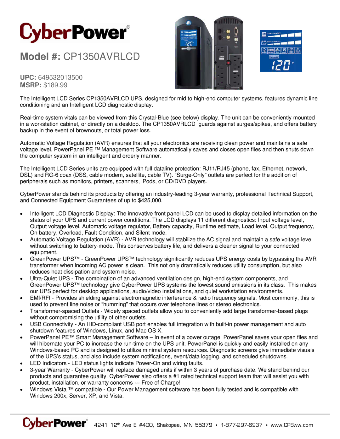 CyberPower Systems 649532013500 warranty Model # CP1350AVRLCD, UPC Msrp $189.99 