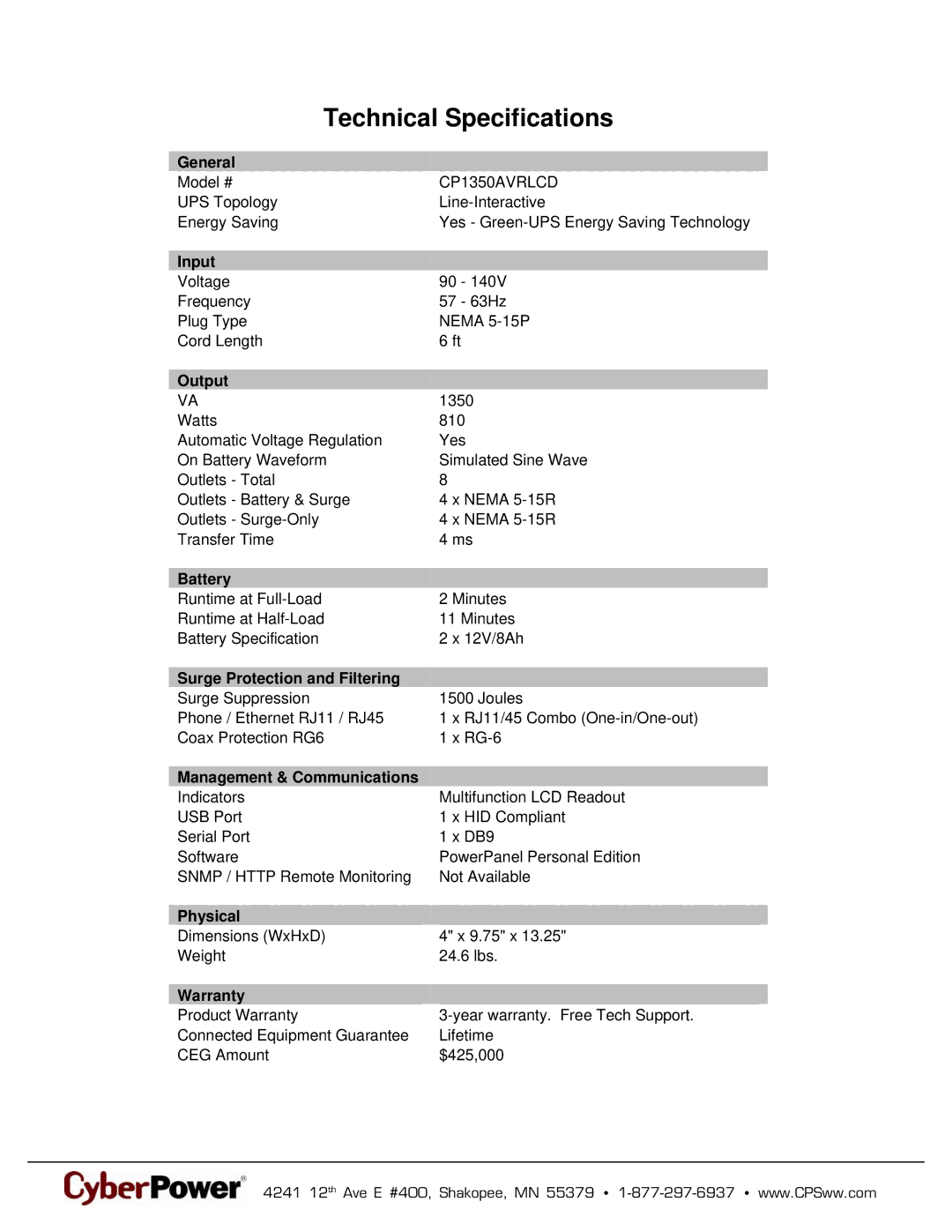 CyberPower Systems 649532013500, CP1350AVRLCD warranty Technical Specifications 