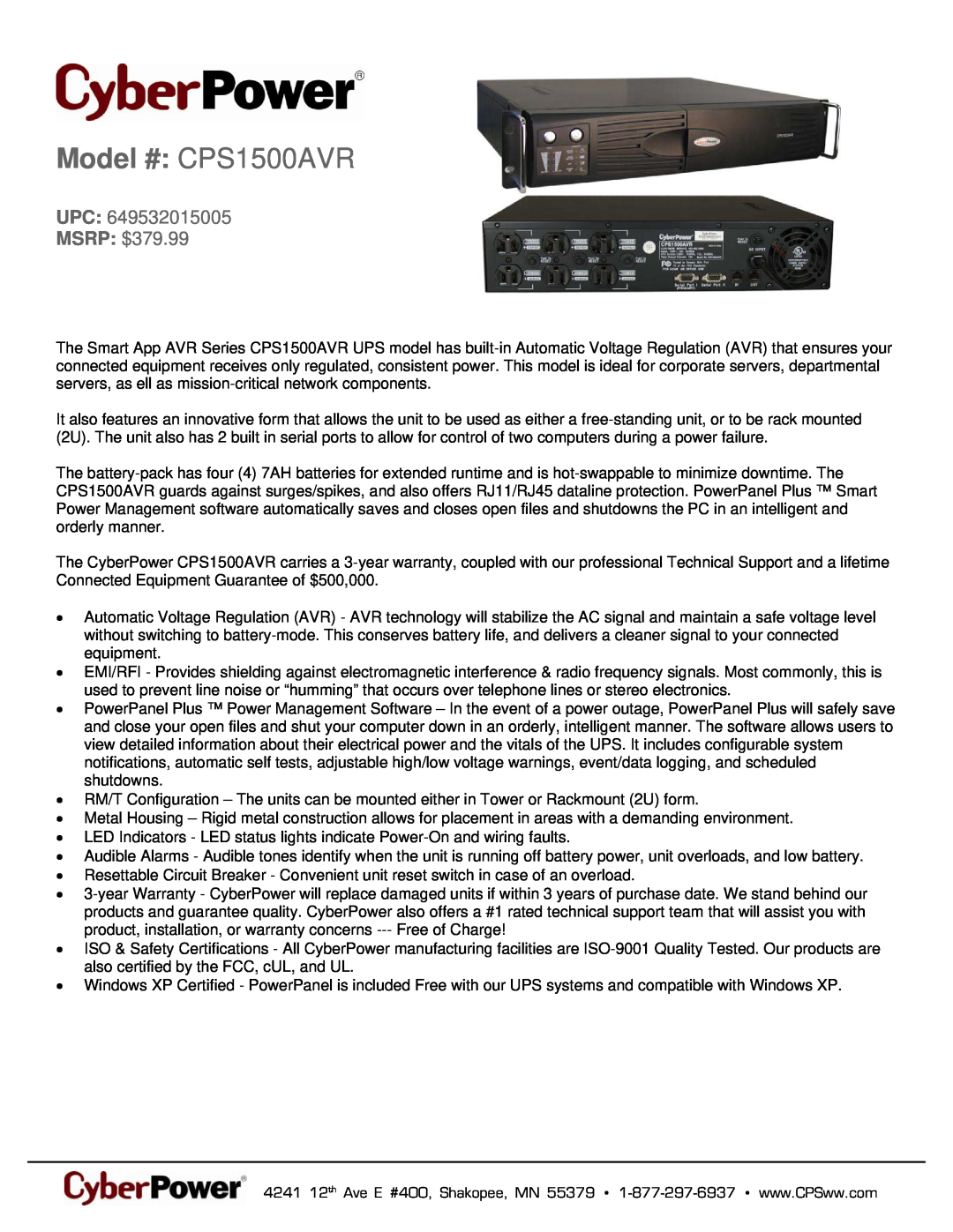 CyberPower Systems 649532015005 warranty Model # CPS1500AVR, UPC MSRP $379.99 