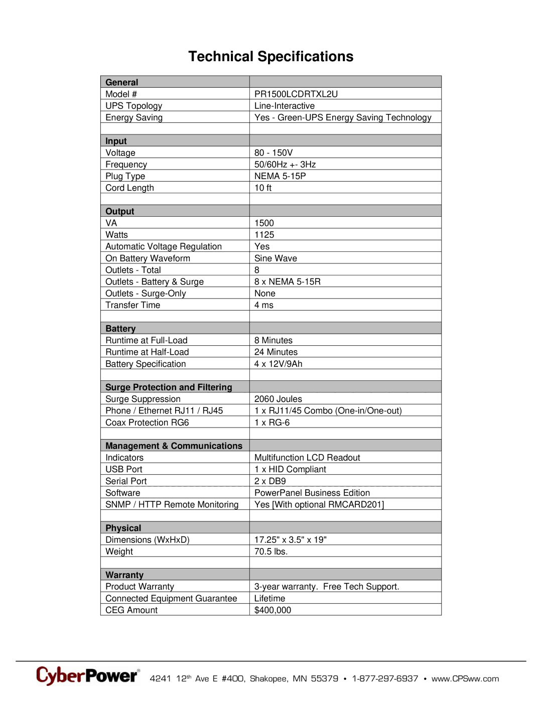 CyberPower Systems 649532015061, PR1500LCDRTXL2U warranty Technical Specifications 