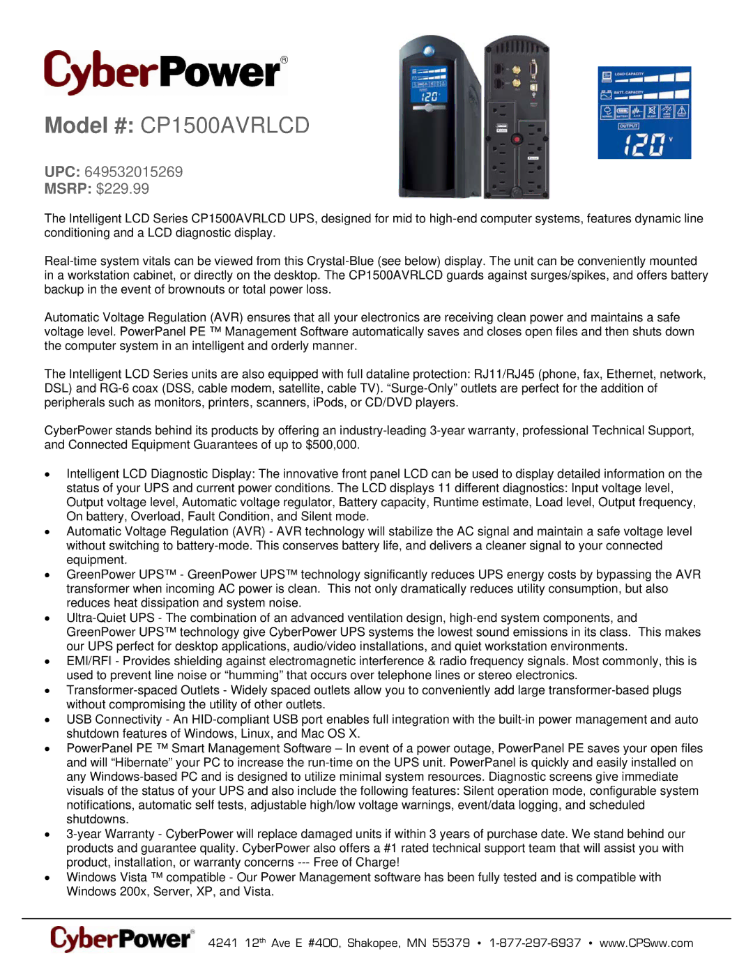 CyberPower Systems 649532015269 warranty Model # CP1500AVRLCD, UPC Msrp $229.99 