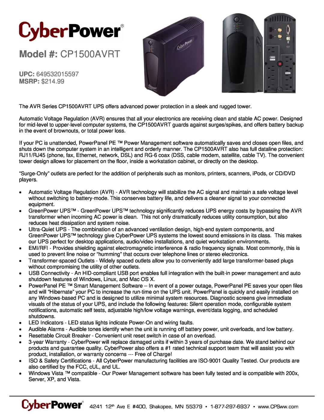 CyberPower Systems 649532015597 warranty Model # CP1500AVRT, UPC MSRP $214.99 