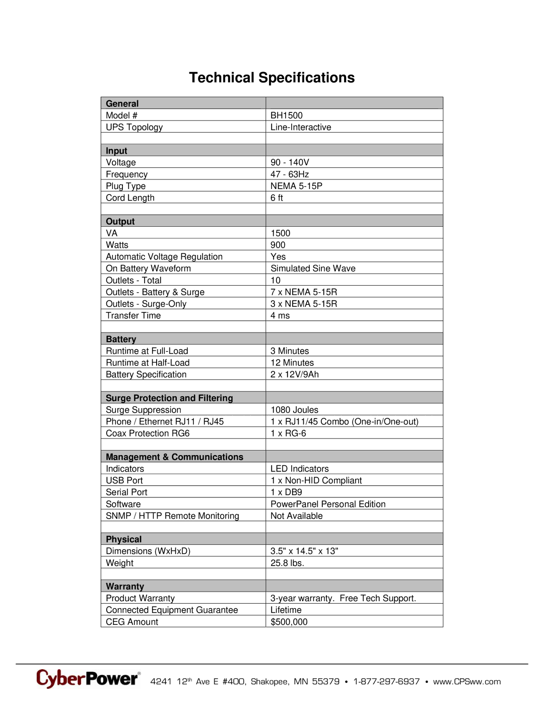 CyberPower Systems 649532015795, BH1500 warranty Technical Specifications 