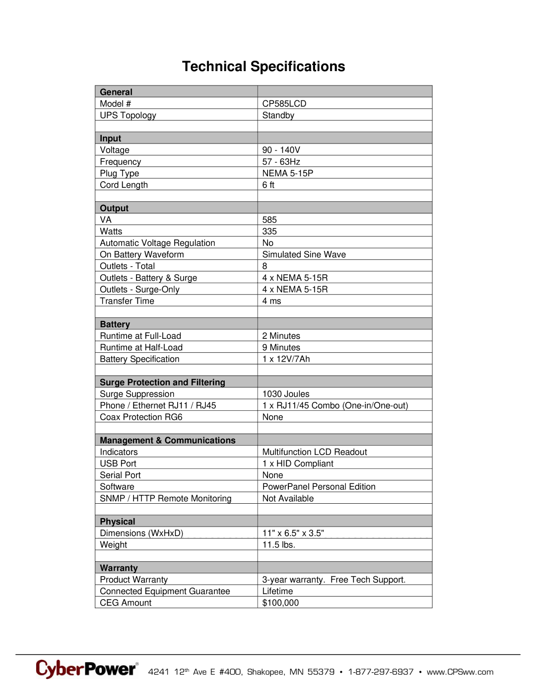 CyberPower Systems 649532015856, CP585LCD warranty Technical Specifications 