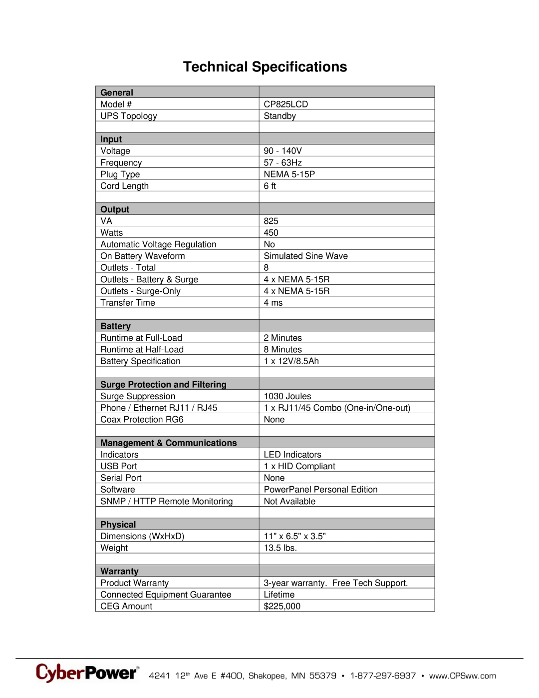 CyberPower Systems 649532018253, CP825LCD warranty Technical Specifications 