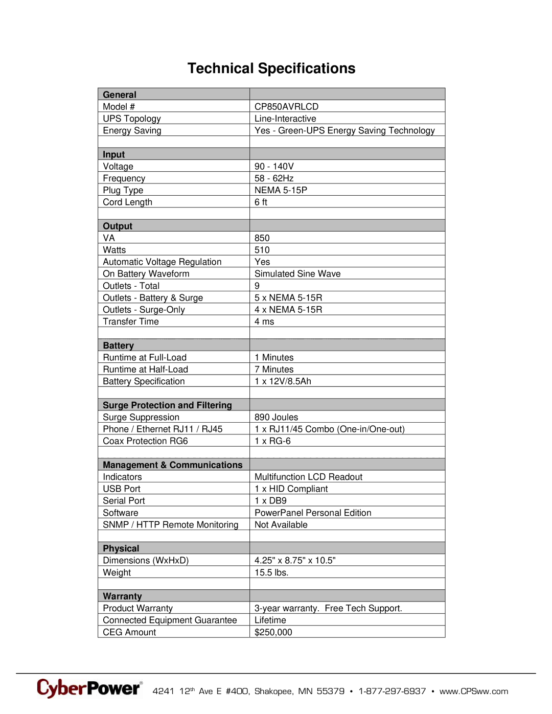 CyberPower Systems 649532018505, CP850AVRLCD warranty Technical Specifications 