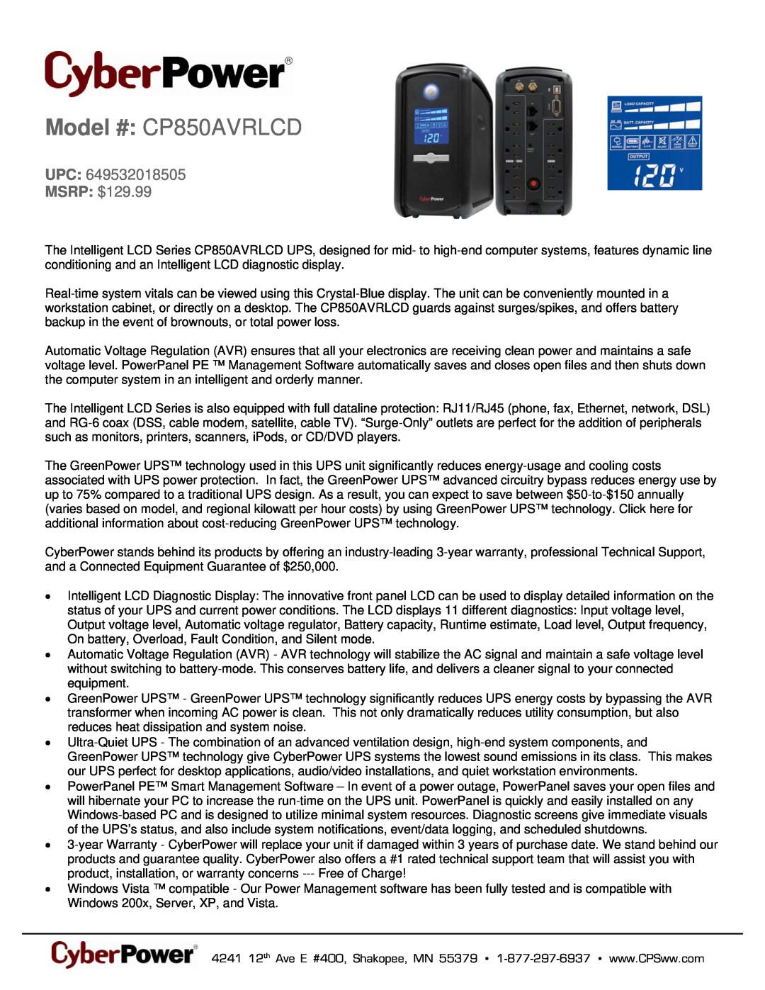 CyberPower Systems 649532018505 warranty Model # CP850AVRLCD, UPC MSRP $129.99 