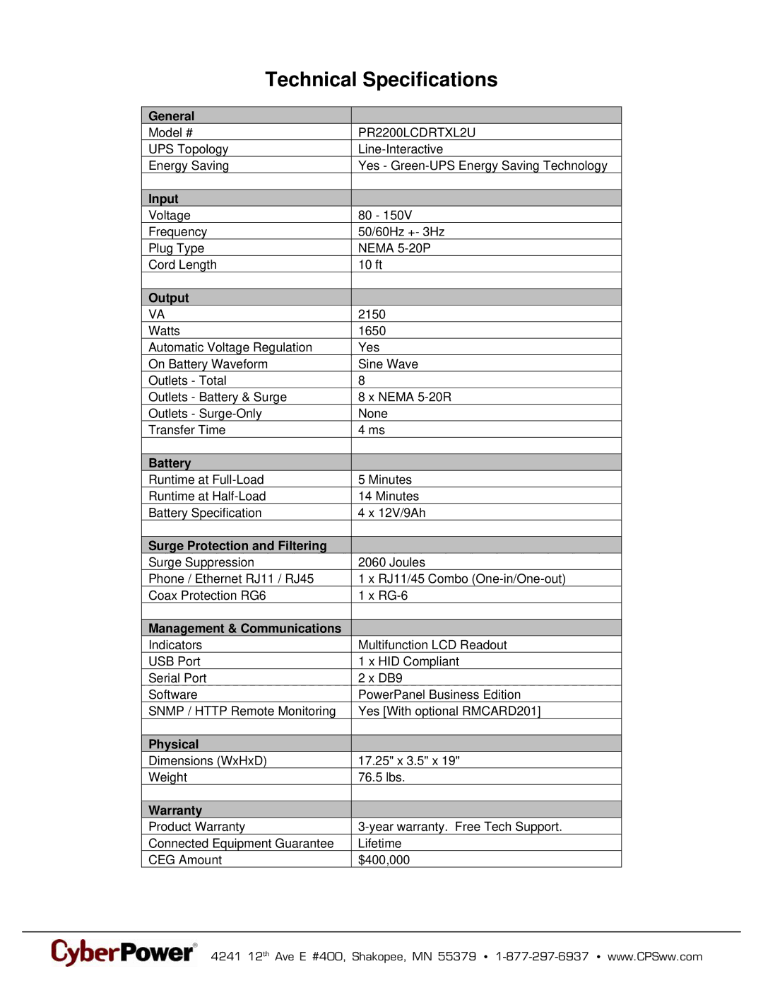 CyberPower Systems 649532022069, PR2200LCDRTXL2U warranty Technical Specifications 