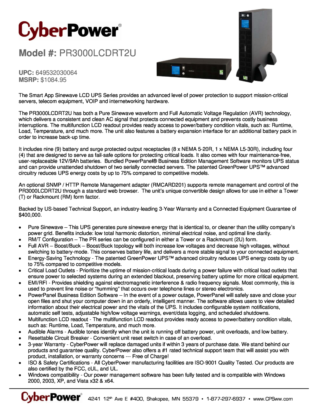 CyberPower Systems 649532030064 warranty Model # PR3000LCDRT2U, UPC MSRP $1084.95 