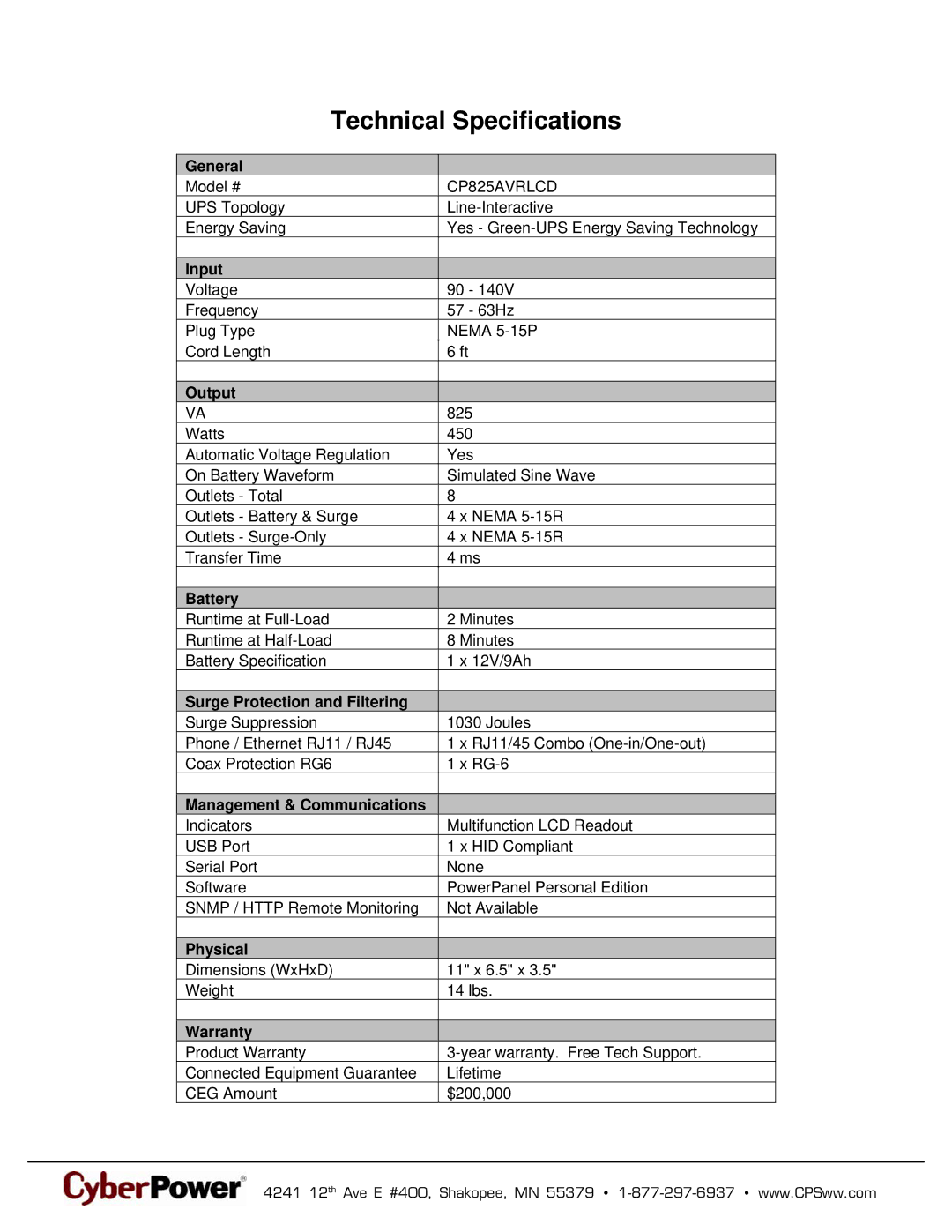 CyberPower Systems 649532108251, CP825AVRLCD warranty Technical Specifications 