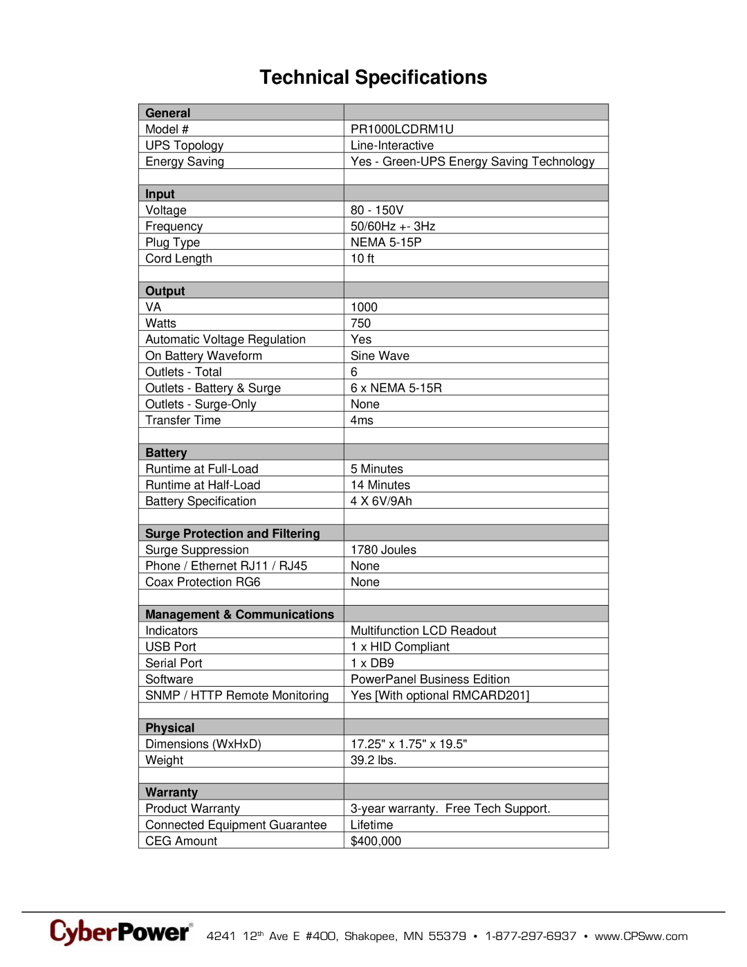 CyberPower Systems 649532110001, PR1000LCDRM1U warranty Technical Specifications 