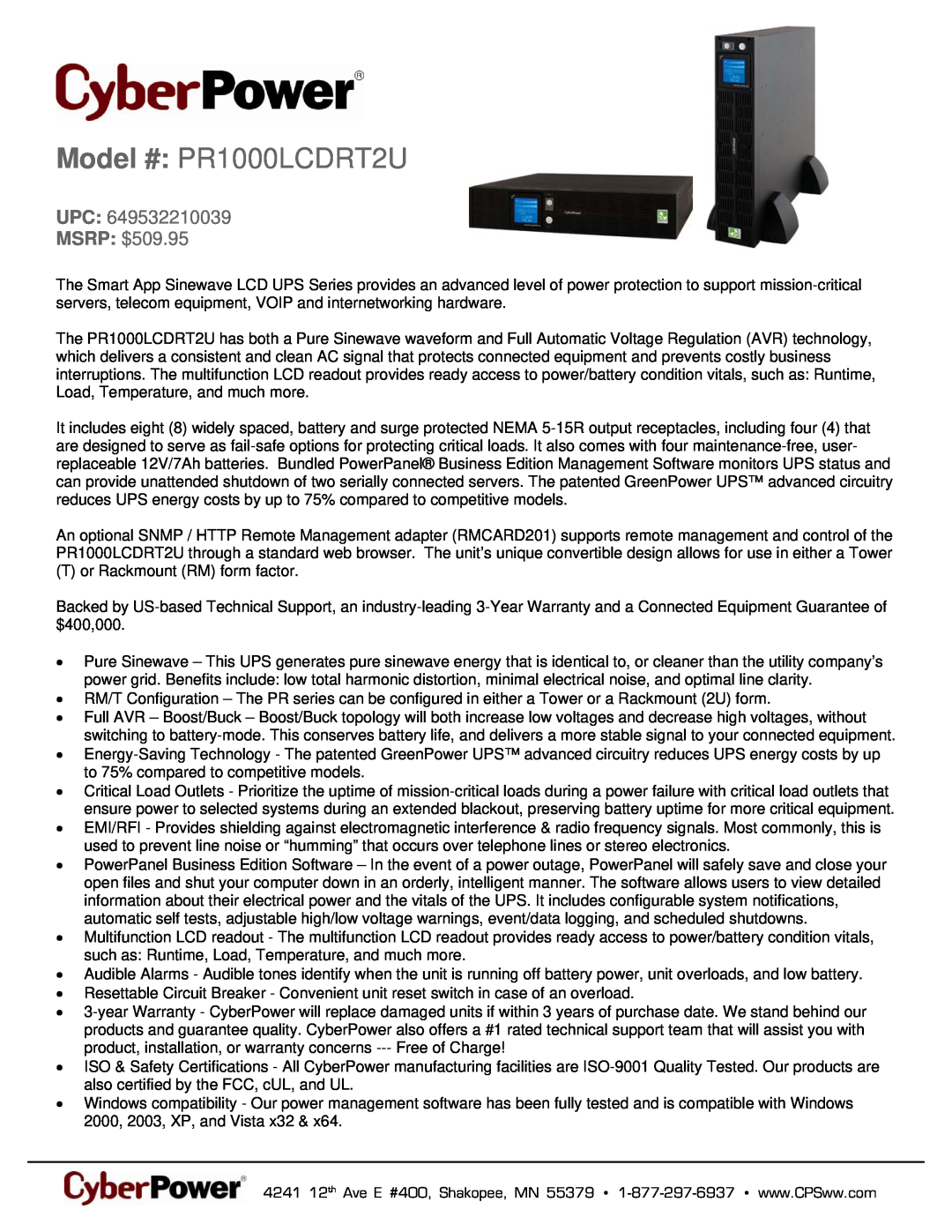 CyberPower Systems 649532210039 warranty Model # PR1000LCDRT2U, UPC MSRP $509.95 