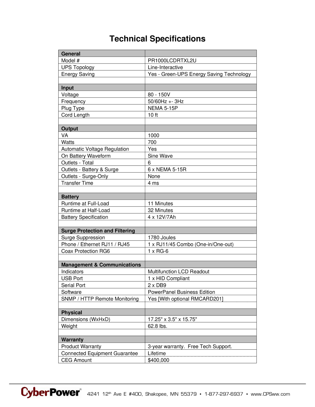 CyberPower Systems 649532210046 warranty Technical Specifications 